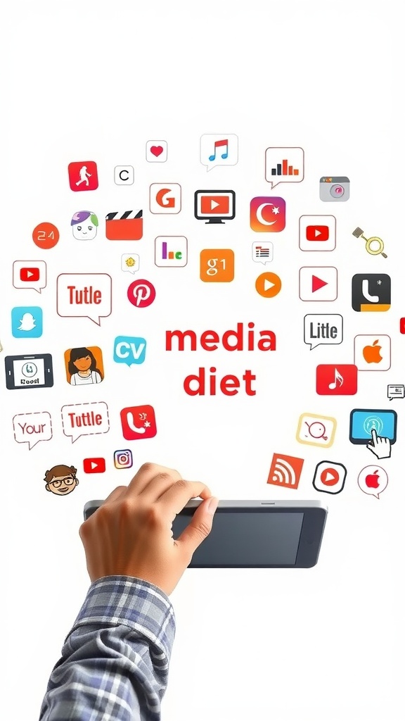 A hand holding a device surrounded by various social media icons, emphasizing the concept of media diet.
