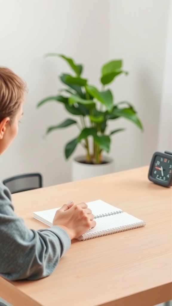 A person sitting at a desk with clasped hands, a blank notebook, a plant, and a clock.