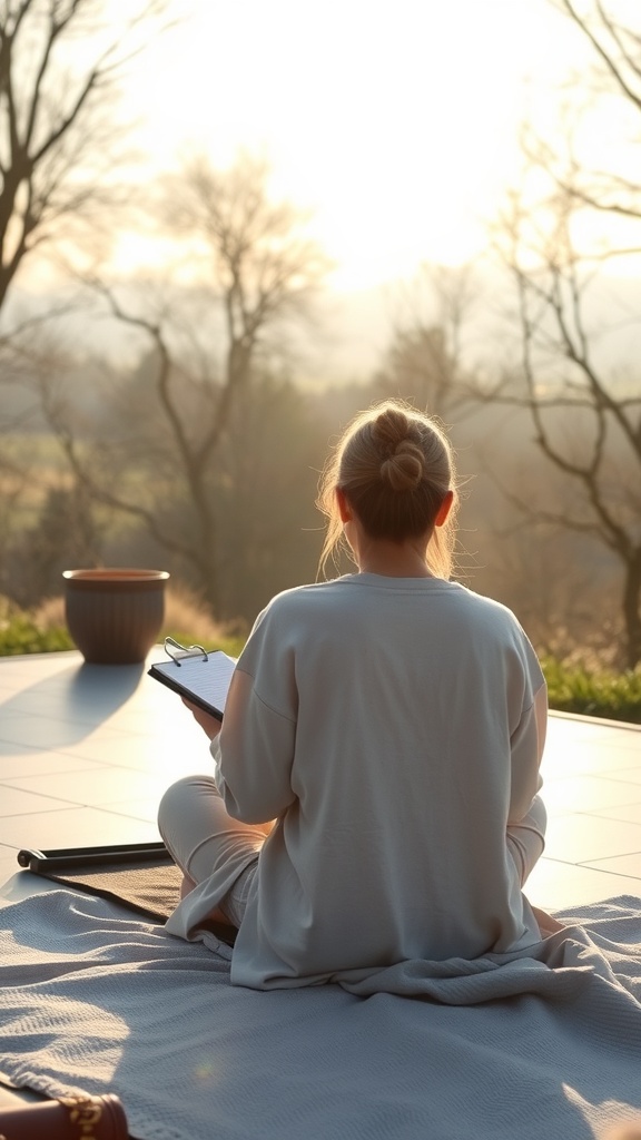 A person sitting in a peaceful outdoor setting, holding a notebook and reflecting on their thoughts.