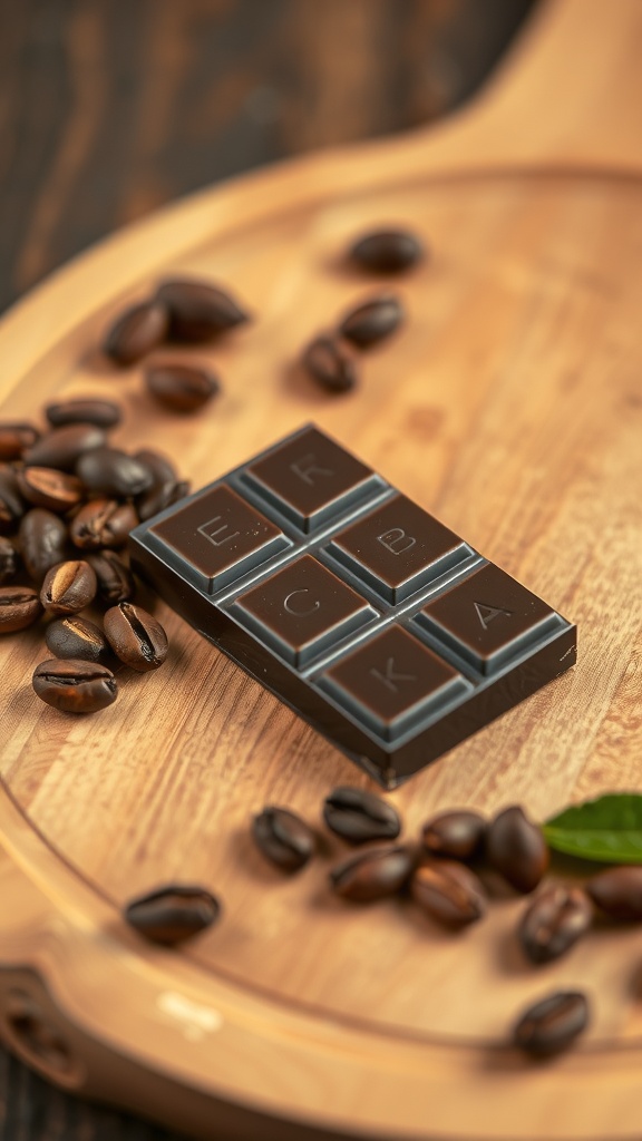 A close-up of dark chocolate on a wooden platter with coffee beans.