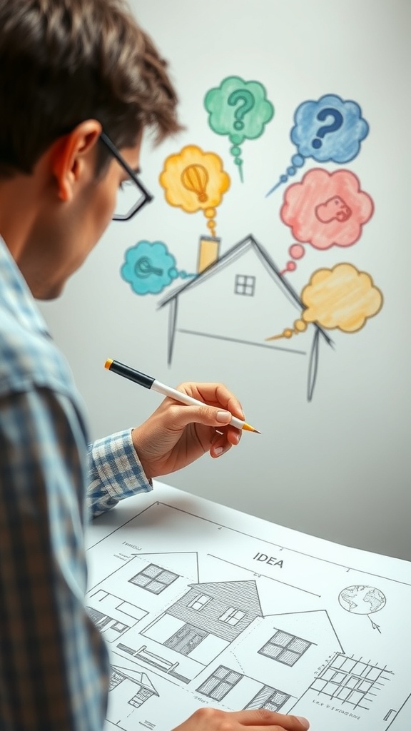 A person sketching a house blueprint with colorful thought bubbles around it.