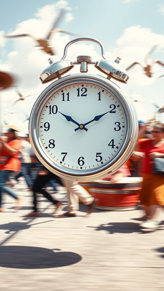 A shiny clock in the foreground with people moving in the background, symbolizing the passage of time.