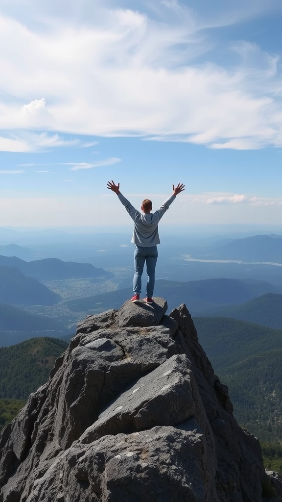 A person standing on top of a rocky peak with arms raised in celebration against a blue sky.