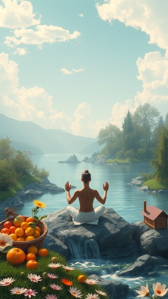 A person meditating by a serene river, surrounded by flowers and a basket of oranges, symbolizing abundance.