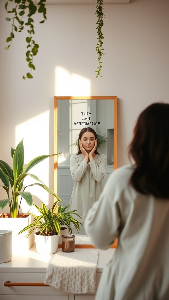 A person looking into a mirror with the words 'THEY and AFFIRMENCE' visible, surrounded by plants and a cozy setting.