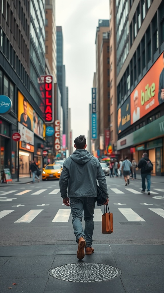 A person walking down a busy city street with tall buildings and bright advertisements.