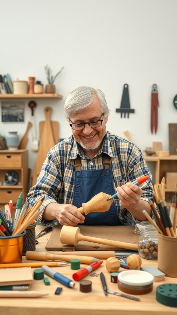 An older man smiling while working on a wooden project in a workshop filled with tools and materials.