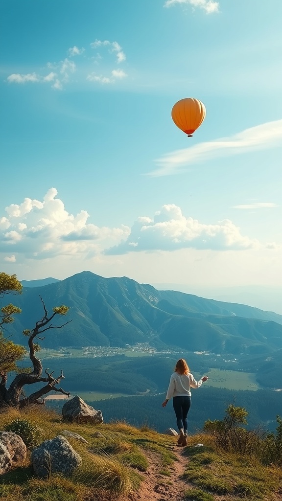A woman walking on a path with a hot air balloon in the sky and mountains in the background.