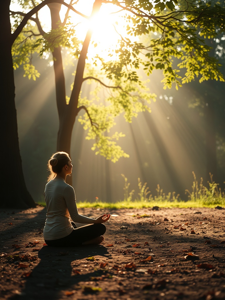 A person meditating in a sunlit forest, surrounded by trees and soft rays of sunlight.