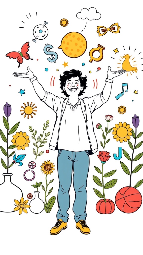 A joyful character surrounded by colorful symbols representing positivity and growth.