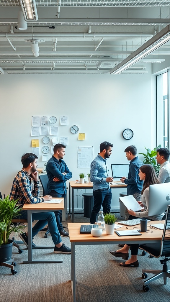 A modern office with professionals engaged in discussion and collaboration.