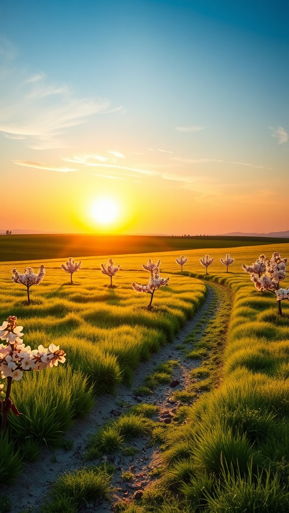 A beautiful sunrise over a green field with flowering trees, symbolizing new beginnings.