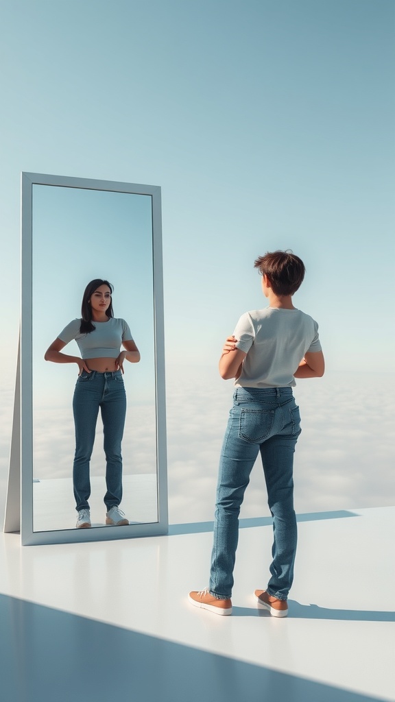 A young person looking at their reflection in a mirror, symbolizing self-reflection and personal accountability.