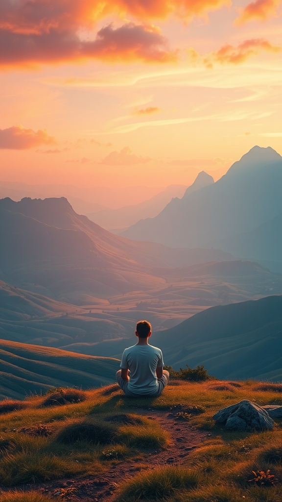 A person meditating on a grassy hilltop during sunset, overlooking mountains.