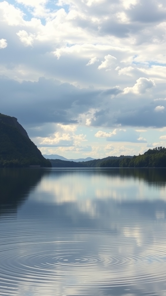 A tranquil lake with gentle ripples and reflections of clouds in the sky.
