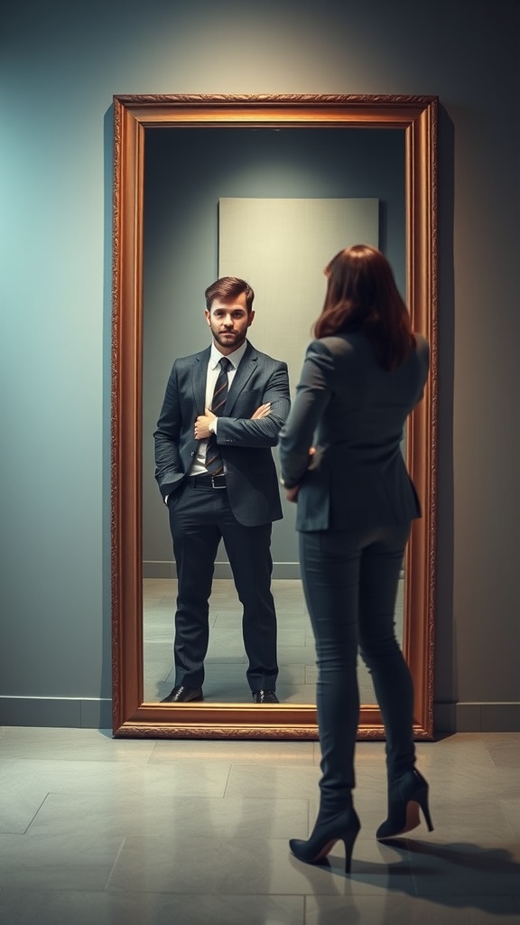 A man and woman in suits looking at their reflections in a mirror.