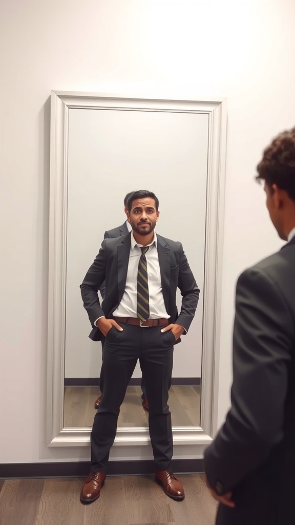 A man in a suit standing confidently in front of a mirror, reflecting on his aspirations.