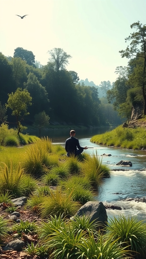 A person meditating by a peaceful river surrounded by greenery