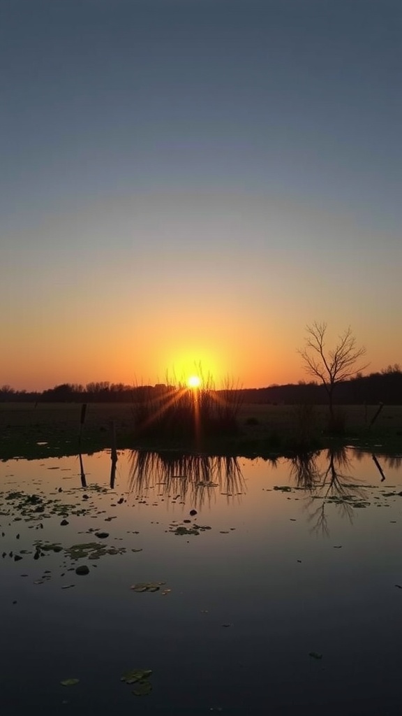 A serene sunset over a calm water body with reflections of the sky and trees.