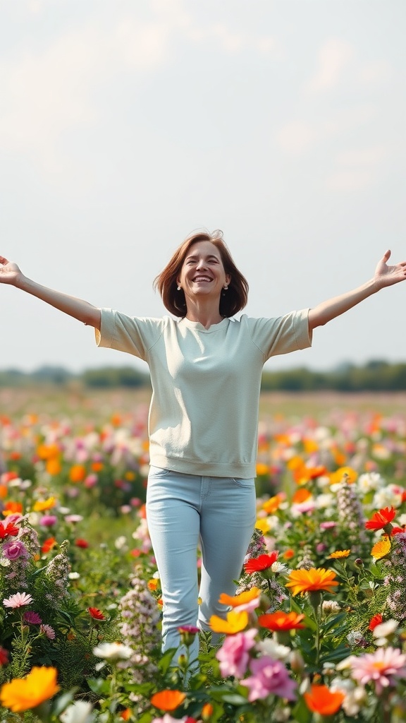 A woman standing in a colorful flower field with her arms outstretched, smiling joyfully.