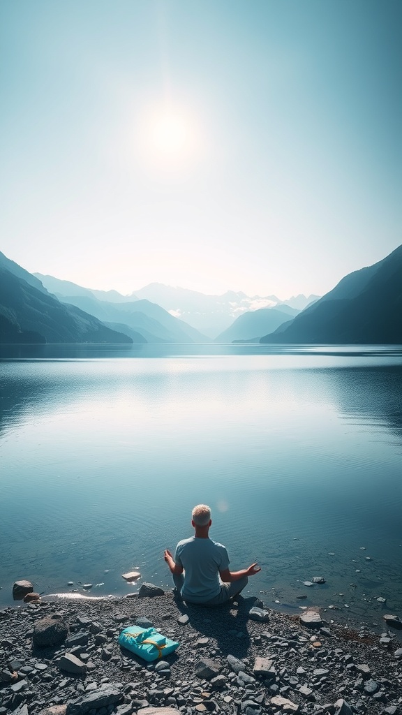 A person meditating by a calm lake surrounded by mountains.