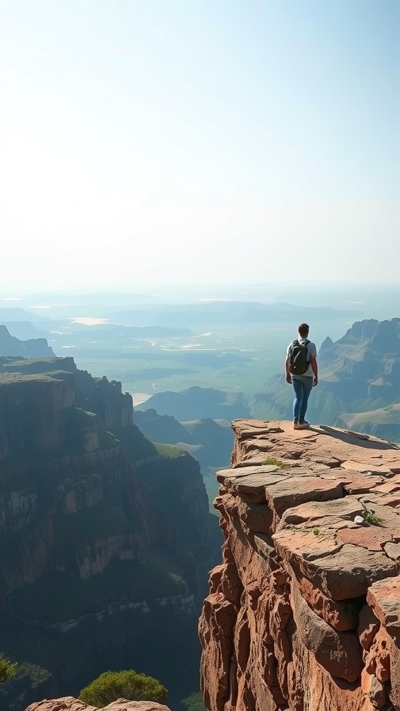A person standing on the edge of a cliff, looking out over a vast landscape.