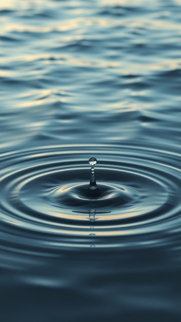 Close-up of a water droplet creating ripples on the surface of water.