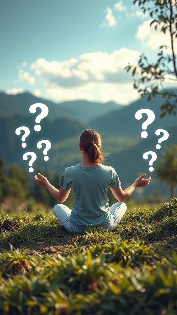 A person meditating in nature with floating question marks around them.