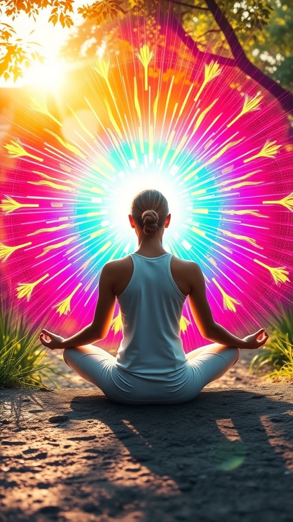 A person meditating with vibrant colors radiating around them, symbolizing emotional energy and manifestation.