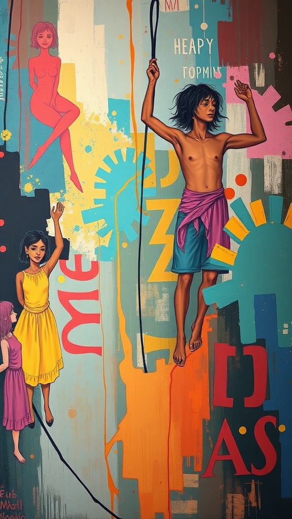 A vibrant artwork featuring a young boy balancing on a tightrope, surrounded by colorful figures and abstract elements.