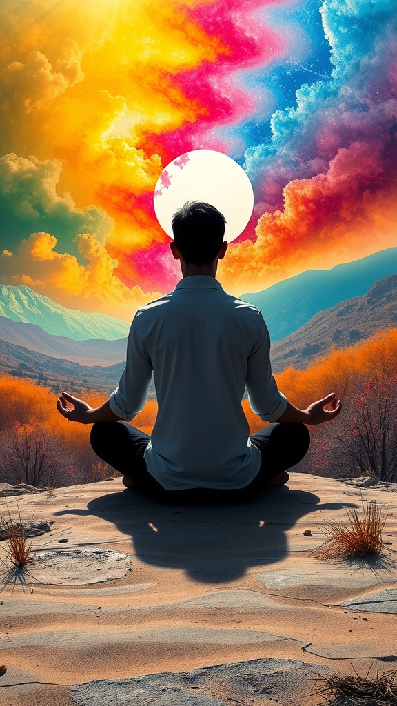 A person meditating in a colorful landscape with a bright sun.