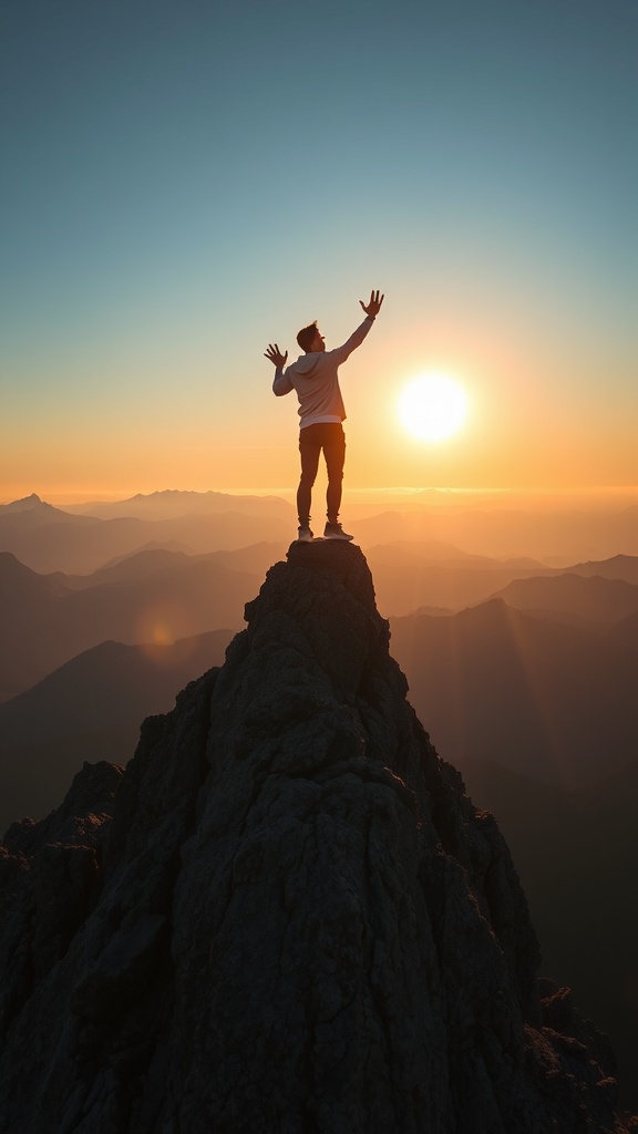 A person standing on a mountain peak with arms raised towards the sunset.