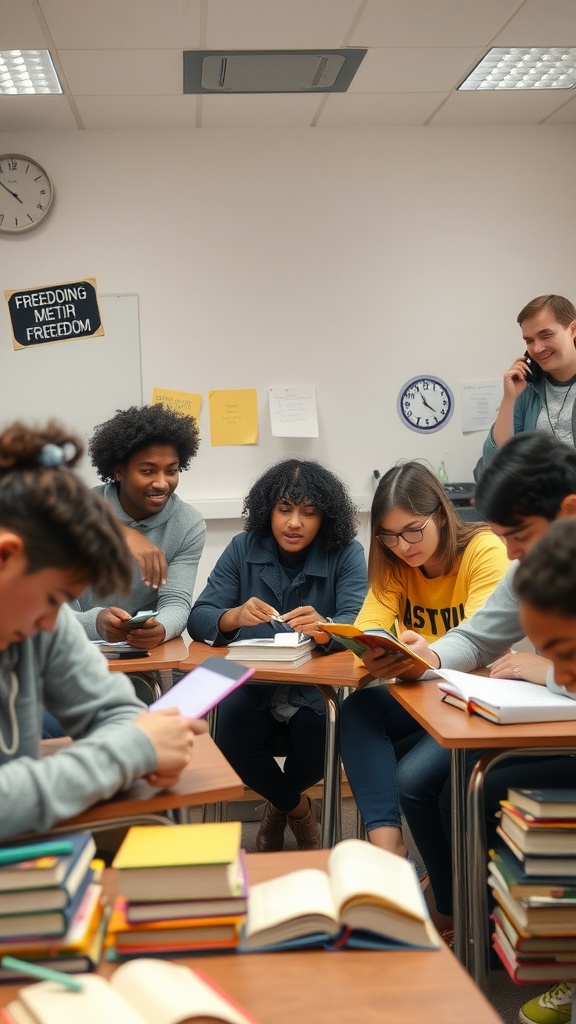 Students engaged in a lively classroom discussion with books and devices.
