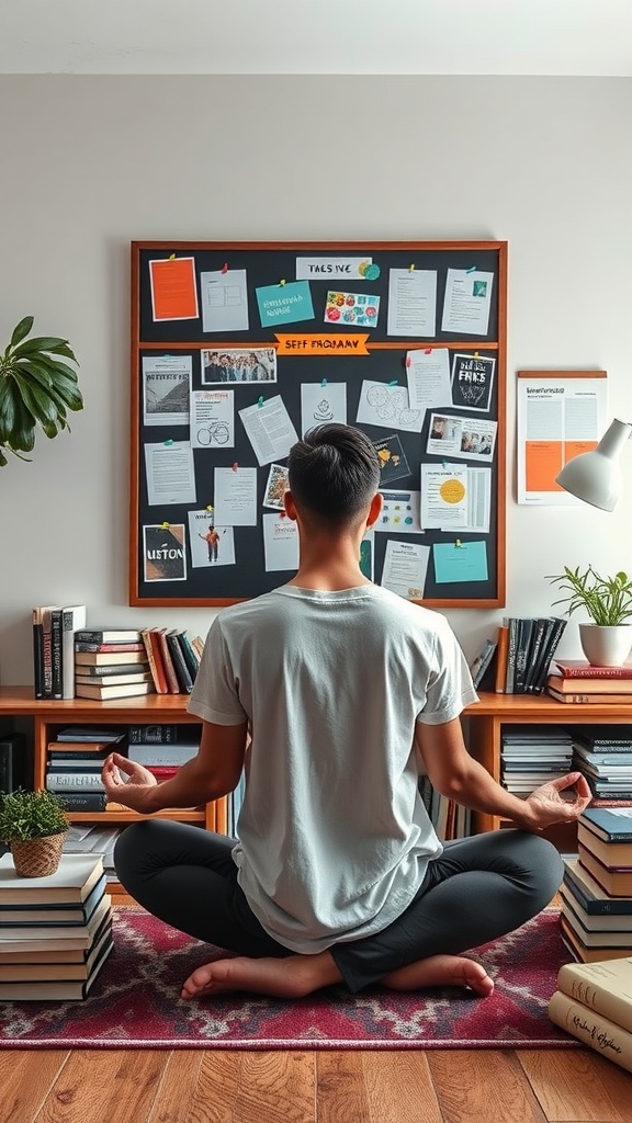 A person meditating in front of a bulletin board filled with notes and inspirations, surrounded by books and plants.