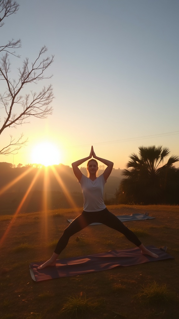 A person practicing yoga at sunrise, with hands raised in a pose, surrounded by nature.