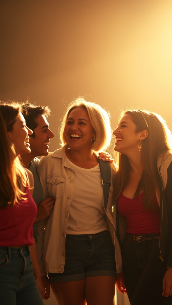 A group of four friends laughing and enjoying each other's company in warm lighting.