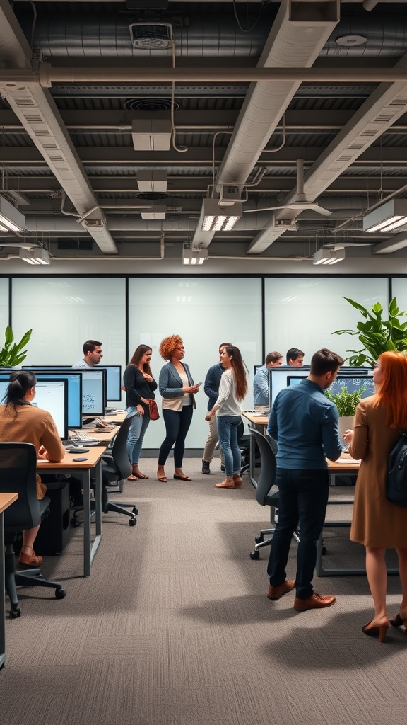 A modern office with people engaged in discussions and collaboration, showcasing a vibrant workplace atmosphere.