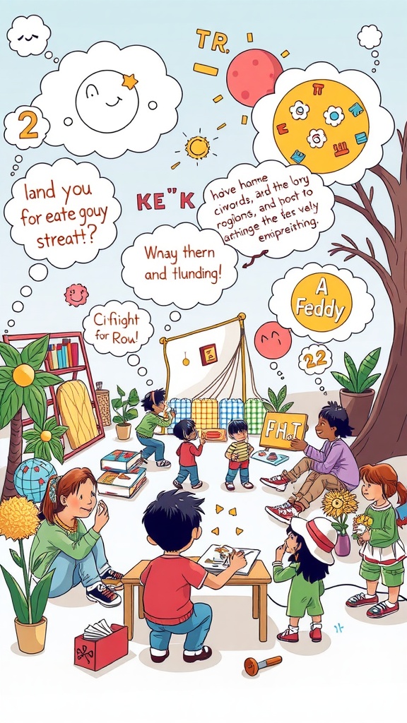 An illustration of children playing, interacting, and engaging in creative activities.