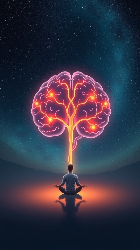 A person meditating with a glowing brain illustration above them, symbolizing cognitive enhancement through visualization.