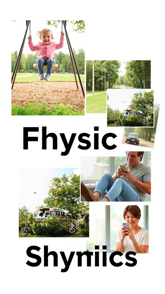 A collage showing a child on a swing, a car on a road, and people using smartphones, illustrating everyday applications of physics.