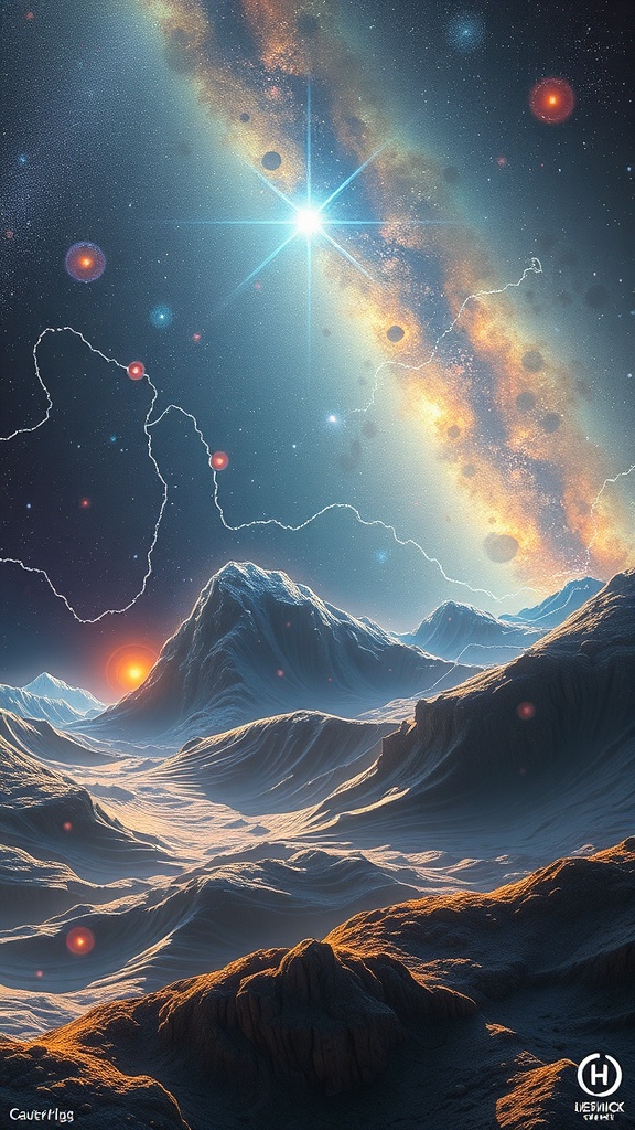 A cosmic landscape featuring vibrant stars and galaxies, symbolizing the concept of superposition in quantum mechanics.