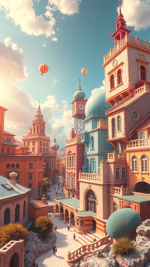 A colorful cityscape with whimsical architecture and hot air balloons in the sky.