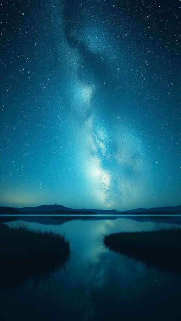 A serene night sky filled with stars, reflecting on calm water.