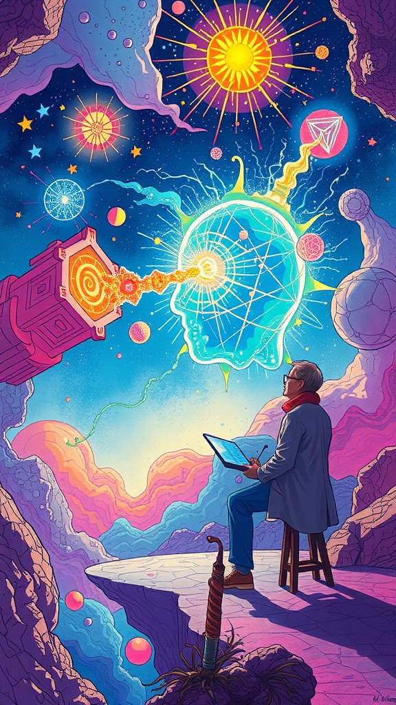 A vibrant illustration depicting a person contemplating the cosmos, symbolizing the exploration of consciousness and non-physical phenomena.