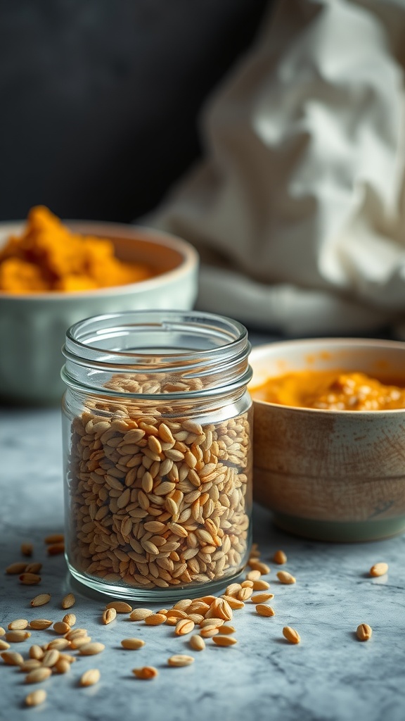 A jar of fenugreek seeds surrounded by bowls of spices.