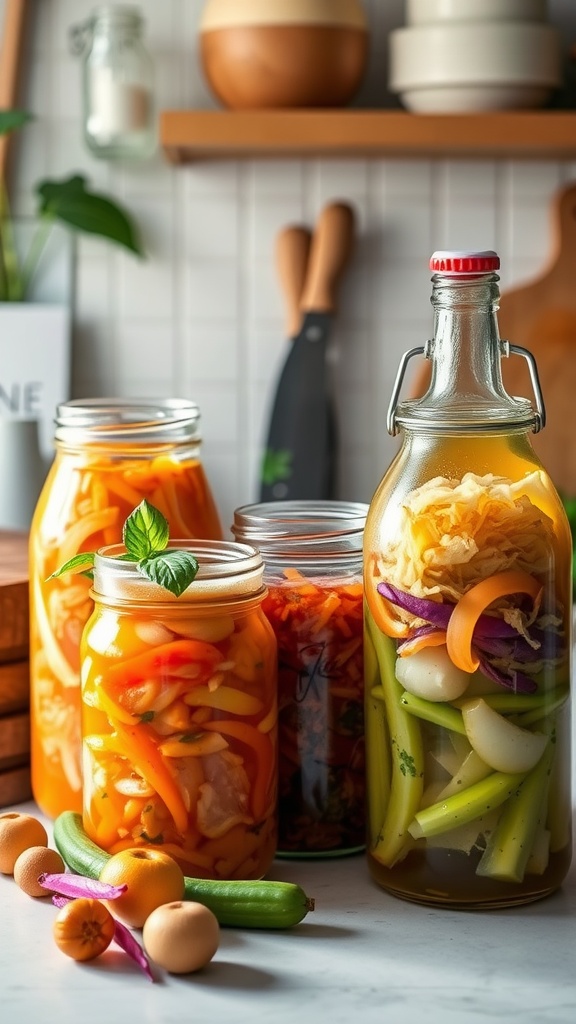 Assorted jars of colorful fermented vegetables on a kitchen counter.