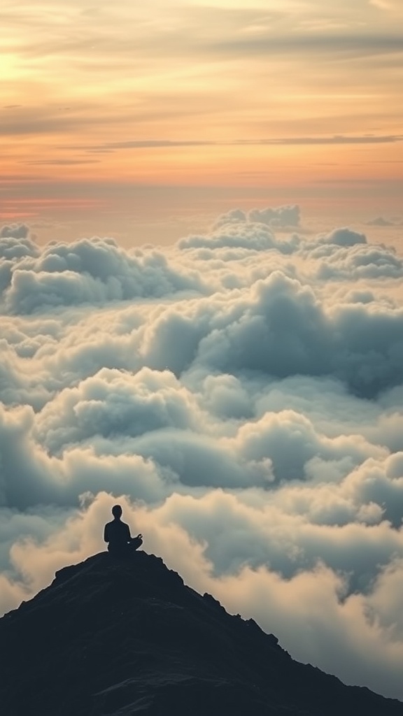 A person meditating on a mountain peak above the clouds during sunset.