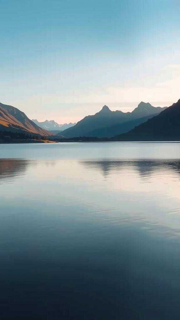 A tranquil landscape featuring calm water and mountains under a clear blue sky.