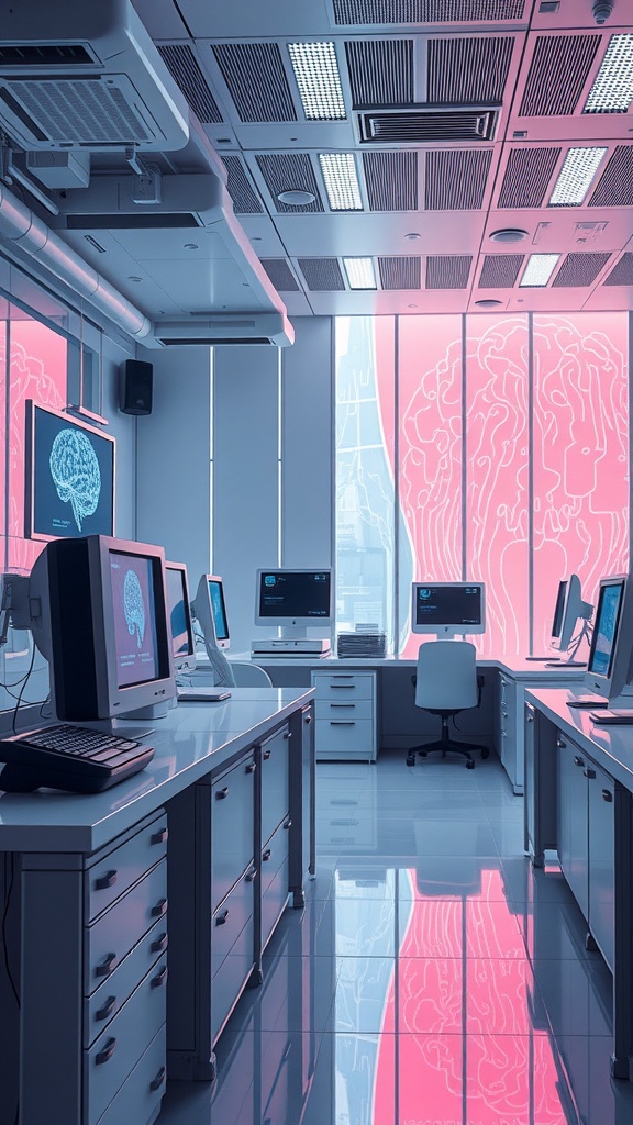 A modern neuroscience lab with computers and a large brain graphic on the wall.