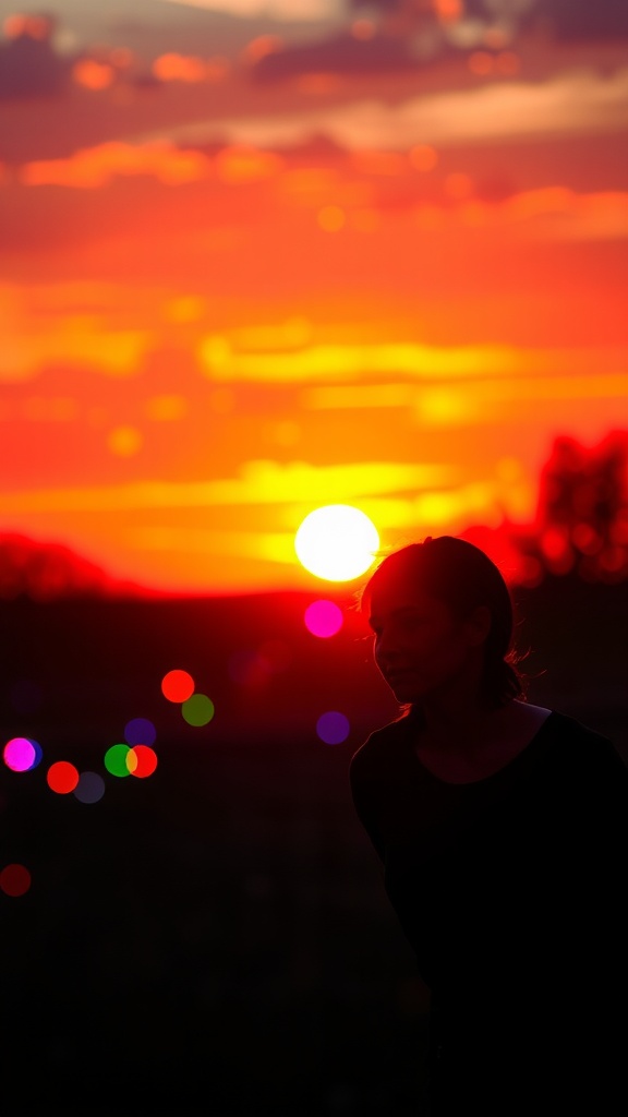 Silhouette of a woman with a sunset in the background, reflecting a moment of gratitude.